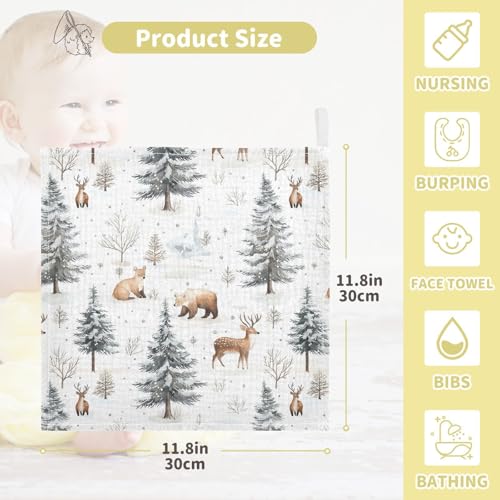 Image of vvfelixl Baby Muslin Washcloths Winter Deer Bear Baby Burp Cloths Cotton Babys Face Towel for Infants Soft 11.8 X 11.8 in, 3 Pack