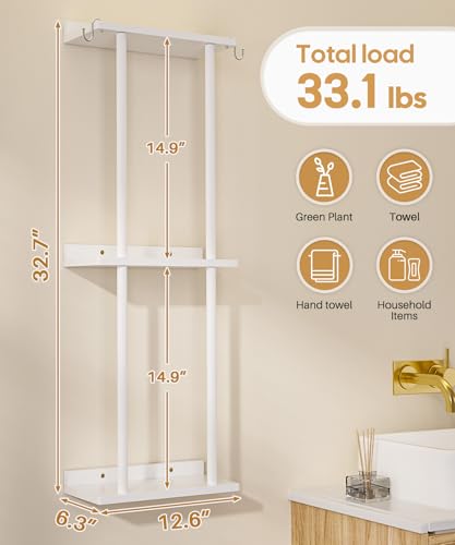 Cozivolife Towel Rack Bamboo for Bathroom, 3 Tier 32.7 inch with 2 Hooks and Shelf Wall Mounted Storage Organizer Shelf, Large Capacity Holder (White)