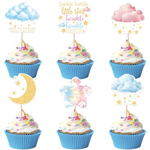 36 PCS Little Star Cupcake Toppers Moon Cloud Boy or Girl Cupcake Picks Twinkle Twinkle Little Star Gender Reveal Decorations for Baby Shower Birthday Gender Reveal Party Cake Decorations Supplies