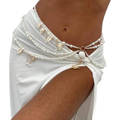 Summer Beach Shell Conch Pendant Waist Chain Belt Festival Rave Pearl Waist Body Chain Multi-layered Pearl Belly Chain Jewelry Outfit Dress Body Jewelry for Women2