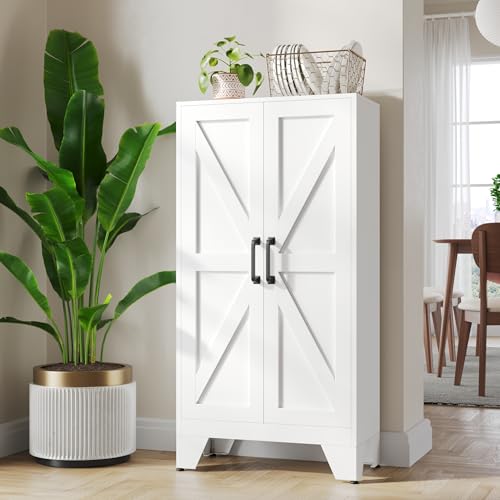 47.3" White Storage Cabinet with 2 Doors and 3 Adjustable Shelves, Metal Tall Kitchen Pantry cabinets, Modern Food Pantry Cabinet,4 Tier Freestanding Framed Panel Door Cupboard for Kitchen Dining Room
