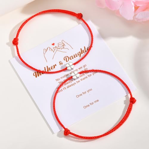 Red String Bracelet for Women Men, 925 Sterling Silver Four Leaf Clover Charm Bracelet, Dainty Adjustable Cord Jewelry Gift for Wife Mom Friend — view 3