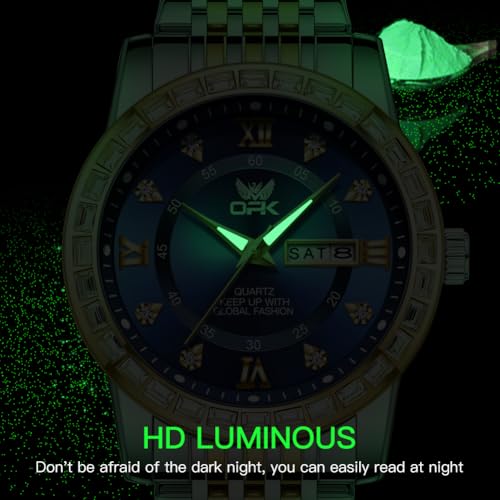Image of OPK Watches for Men Diamond Roman Analog Mens Watches Waterproof Large Stainless Steel Men Wrist Watch Business Father Gift Watch Blue