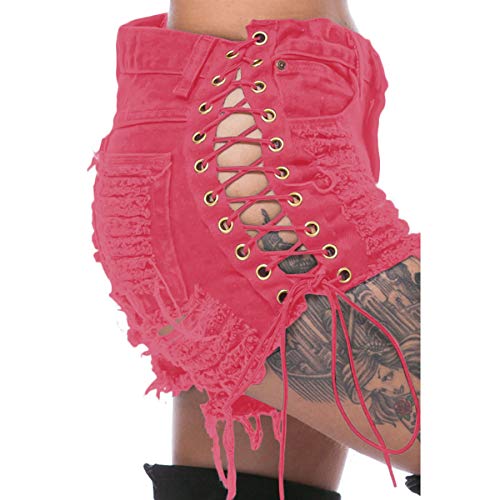Shorts jeans femininos com orifícios rasgados e faixa da Tengo, rosa, X-Large