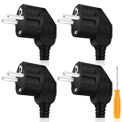 4 pezzi Schuko Spina,250 V (16 A) Spina di Contatto Protettiva con Cacciavite,Spina Angolare,Europea Spina di Sicurezza con Protezione Antipiega,per Cavo 8-10 mm IP20,Nero