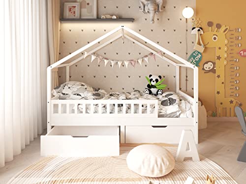 FUSIDE Kids Bed Frame Solid Pine Wood House Tree Toddler Single Bed with 2 Storage Drawers for Children Girls Boys Bedroom Furniture,White