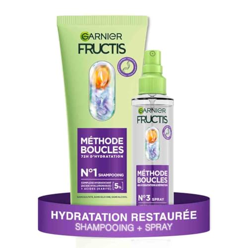 Garnier - Fructis Méthode Boucles - Routine 2 Produits - Shampoing &amp; Spray Hydratant - Enrichie en Acide Hyaluronique &amp; Beurre de Karité - Pour Tous les Types de Boucles