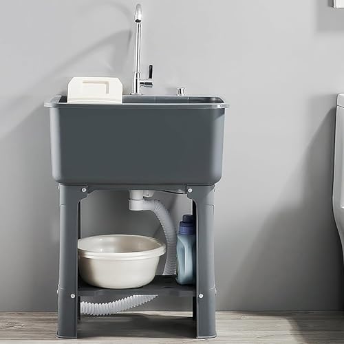 Lavandino per Lavanderia Indipendente in Plastica con Asse per Lavare, Lavandino per Interni ed Esterni Lavandini per Lavanderia con Rubinetto Stazione di Lavaggio,Grigio,60cm