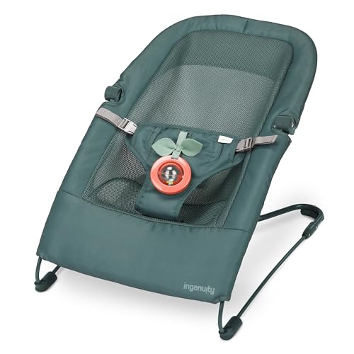 Ingenuity Stow & Go Compact Folding Baby Bouncer, Lightweight Portable Seat with Vibration & Toy, Green, Under 5 lbs