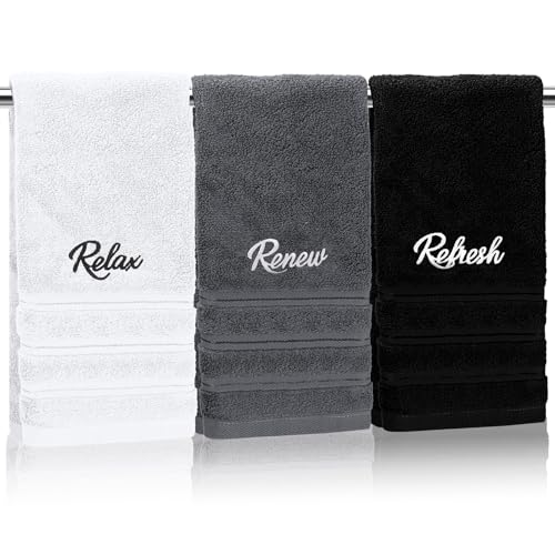 Ddeetodu 3 Pcs Bathroom Towels Decorative Set Bathroom Decor Towels Farmhouse Decorative Hand Towel Embroidered 100% Cotton Black Decoratives Towel for Bathrooms Boho Decor (Relax Renew Refresh)
