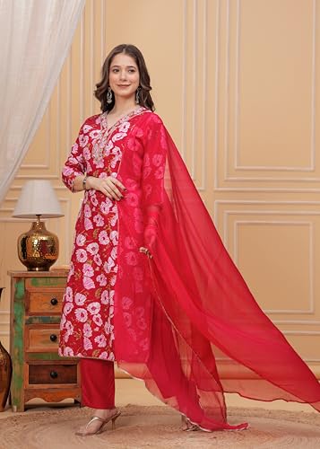 Image of MANHAREE | Women's Rayon Printed Straight Kurta with Pant & Dupatta Set