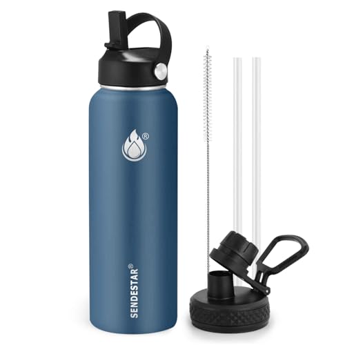 Image of Insulated Water Bottle 32 oz with Straw, Stainless Steel Wide Mouth Water Bottle, Double Wall Vacuum Leak Proof with Straw Lid & Spout Lid for Sports or Office, Keep Cold or Hot Up to 24 Hrs
