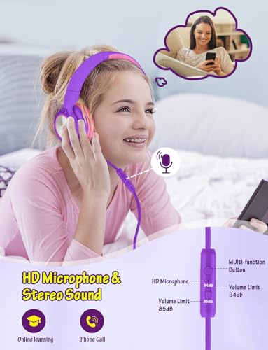 Image of Voopwink Kids Headphones with Microphone, Wired Over Ear Headsets with Limited Volume 85dB / 94dB for Boys Girls Teens Children Online School /Travel /iPad /Tablet /Cellphone