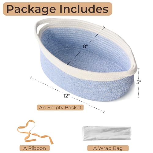 Image of Small Woven Gift Basket Empty with Bag & Ribbon, Storage Basket for Father's Day for Dad, Baby Shower, Raffle, Birthday, Cute Organizer with Handles, 12 inchx8 inchx5 inch, Blue&White