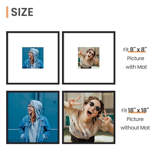 Image of upsimples 18x18 Picture Frame, Display Pictures 8x8 with Mat or 18 x 18 Without, Wall Hanging Square Frames, Black, 1 Pack