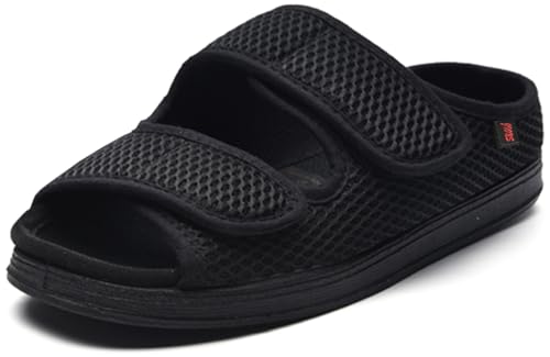 JIONS Unisex Diabetic Shoes for Women Men Adjustable Velco Slippers Swollen Feet Edema Extra Wide Shoes Indoor Outdoor Large Size (44/11/9, H-Breathable Black)