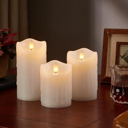 Image of Flameless Pillar Candles Flickering with Remote Timer, Battery Operated LED Candles Up to 400 Hours, 3D Moving Flame Real Wax Candles. (White with Teardrop)
