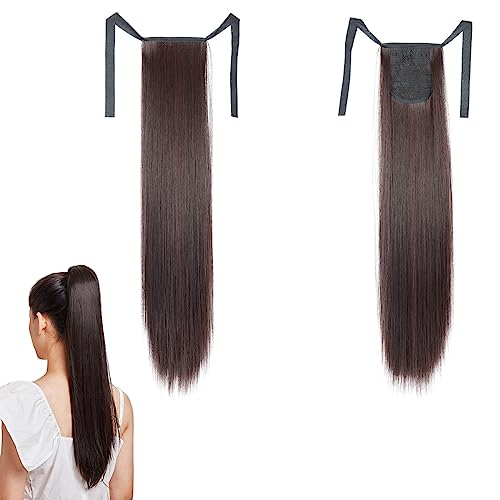 prinfantasy Straight Ponytail Extensions Long Wrap-around Pony Tail Synthetic Clip-on women鈥檚 wig Dark Brown Hairpiece 22 Inch,GBMW047