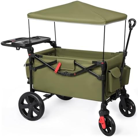 EVER ADVANCED Foldable Wagons for Two Kids & Cargo, Collapsible Folding Wagon Stroller with Adjustable Handle Bar,Removable Canopy with 5-Point Harness,Green