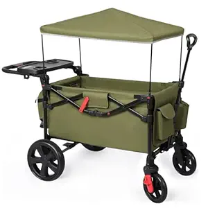 EVER ADVANCED Foldable Wagons for Two Kids & Cargo, Collapsible Folding Wagon Stroller with Adjustable Handle Bar,Removable Canopy with 5-Point Harness,Green