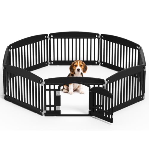Image of NEWBULIG 8 Panels 24 Inch Dog Playpen, Plastic Pet Play Pen Fence | Portable, Secure Locking Door, Indoor Outdoor Yard RV Camping, Small Medium Dogs, Black