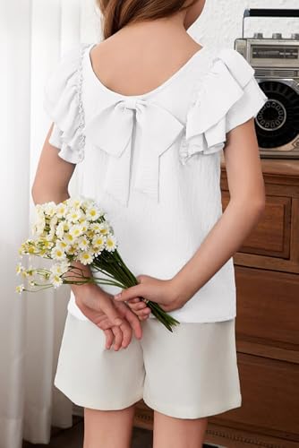 Image of DOKOTOO KIDS Girls Shirts Summer Cute Double Ruffle Short Sleeve Tie Back Bow Tee Tops 6-15 Years