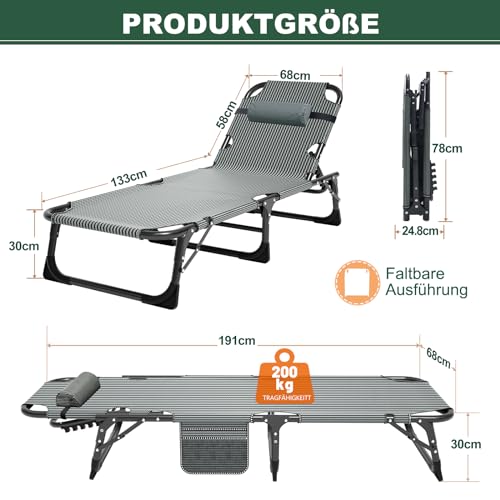 Ryuhic Tumbona plegable con colchón, soporta 200 kg, tumbona de jardín, tumbona con bolsillo lateral y reposacabezas, respaldo ajustable para balcón, jardín, playa - imagen 3