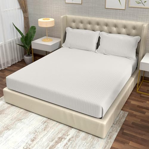 Image of Divine Casa 100% Cotton 210 TC King Size Bedsheet Italian Stripe | Soft Lightweight Breathable Bed Sheet with 2 Pillow Covers | Premium Design Bedding for Bedroom | 275 x 275 cm (Cream, Striped)