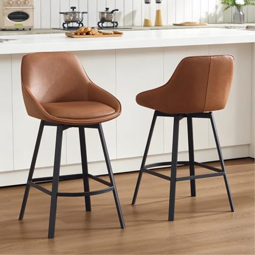 Zesthouse Swivel Counter Height Stools Set of 2, Modern Upholstered Barstools with Backs, 26'' Faux Leather High Chairs for Island Kitchen, Counter Height Chairs with Metal Legs, Brownish-Orange