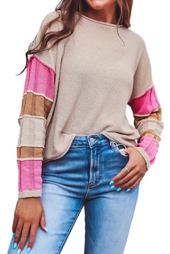 OCSTRADE Women's Simply Taupe Colorblock Exposed Seam Round Neck Sweater Trendy 2024 Fall Winter Clothes