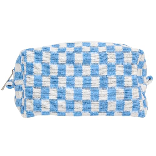 Checkered Makeup Bag for Purse, Small Travel Cosmetic Pouch,Sky Blue