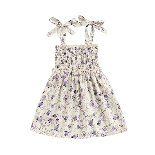 Lerrita Robe d'été pour bébé Robe sans Manches pour Petites Filles Robe de bébé avec Attaches Imprimé Floral Ourlet Ample Robe de Vacances Robe de Plage Robe plissée 1-4 Ans (Beige, 18-24 Mois) Cover