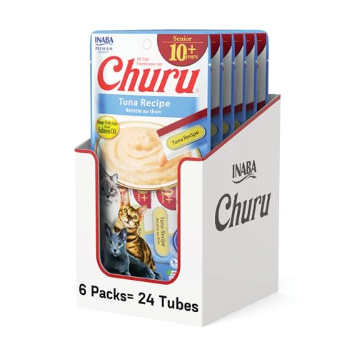 Image of INABA Churu for Senior 10+, Creamy Lickable Cat Treats with Taurine, Vitamin E & C, 0.5 Ounces Each, 24 Tubes (4 per Pack), Tuna Recipe