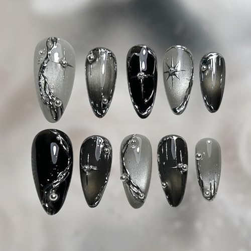 30Pcs Black Press on Nails Medium Almond Handmade Fake Nails