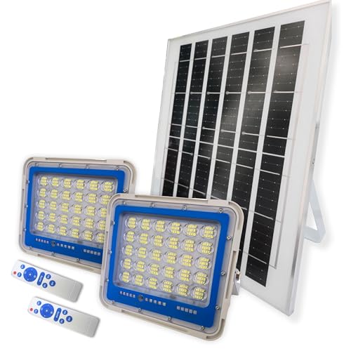 YASTA Coppia Fari Led Da Esterno Solare 200W Luce Fredda Luci Solari Da Giardino Con Cavo 20 Metri Faretto Led Esterno Con Pannello Solare Sensore Crepuscolare E Telecomando IP67