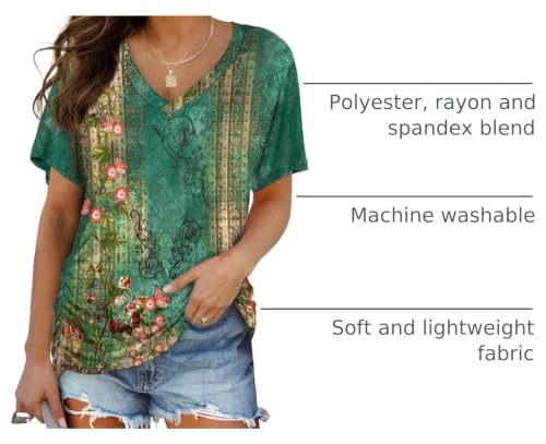 Image of WIHOLL Womens Summer T-Shirts Short Sleeve V Neck Dolman Tops with Side Shirring Loose Fit Shirts Spring Fashion
