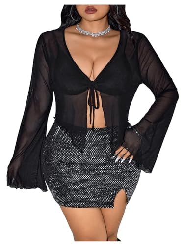 SHENHE Women's Plus Size Tie Front Sheer Mesh Bell Sleeve Shrug Bolero Cropped Top Coverup