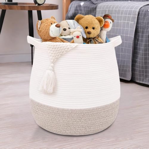 Image of childishness ndup Large Cotton Rope Basket, Woven Storage Basket for Toy, Laundry and Blanket Organizer, Round Hamper Basket with Handles for Kid's Room 17.7"x16.9"