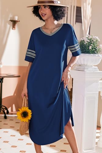 Image of Ekouaer Long Nightgown, Womens V Neck Loungewear Oversized Sleepwear Loose Sleep Dress S-4XL