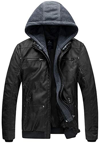 Wantdo Men s Lightweight Faux Leather Coat Motorcycle Jacket with Hood X-Large Black(Moderate)