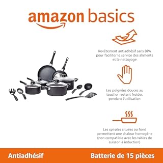 Amazon Basics Batteria da cucina, 15 unità con rivestimento antiaderente, Nero