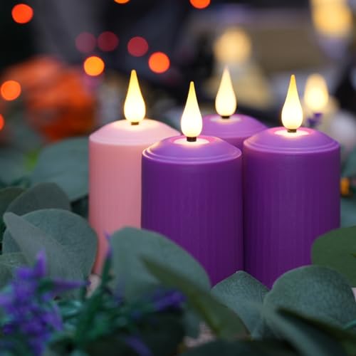 Image of yunsheng Flameless Advent Candles Purple and Pink, 4 Inch Battery Operated LED Advent Pillar Candles with Remote Timer, 350+ Hours Long Lasting Candles for Christmas Advent Rituals and Wreath,Set of 4