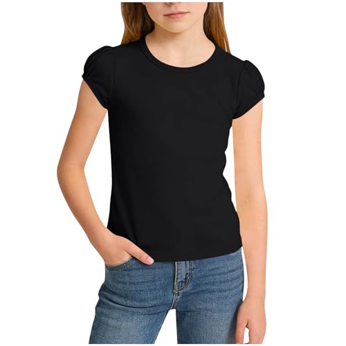 Puff Sleeve Cute T-Shirts for Girls Versatile Basic Summer Pullover Casual Crewneck Solid Color Tee Tops for 5-15 Years
