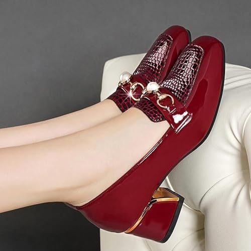 Stylish Women's Patent Leather Print Chunky High Heels Loafers Comfort Round Toe Pearl Metal Buckle Decoration Slip On Dress Shoes for Office Party Walking Formal4
