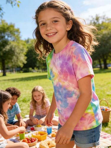 Image of SunFoucs Girls Kids Shirts Size 5-12 Tie Dye Casual Tshirt Short Sleeve Crewneck Tee Top | Short Sleeve Rainbow Tee Top