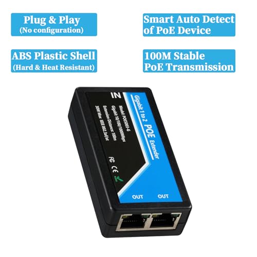 Image of HANUTECH Gigabit PoE Extender, 1-in 2-Out, 1000Mbps, 100m Range, 30W Input, IEEE 802.3af /at, Plug and Play
