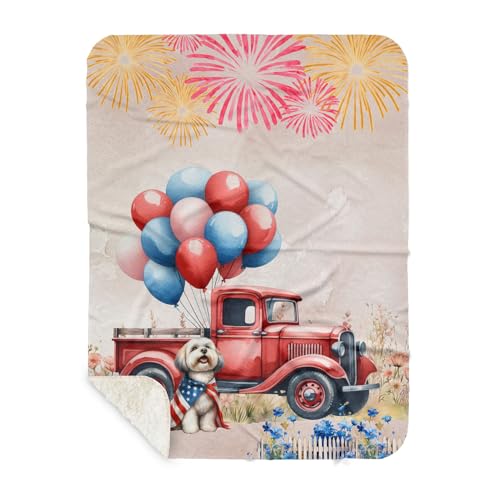 Ninety3POD Vintage Patriotic Havanese 4th of July Independence Memorial Day Sherpa Blanket Havanese Dog Lover Gifts Idea Cozy Sherpa Fleece Throw Blanket - 01006