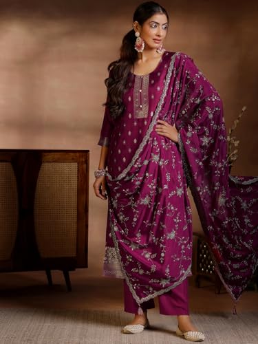 Image of Libas Womens Woven Design Silk Blend Straight Kurta With Trousers and Dupatta | daily wear suit