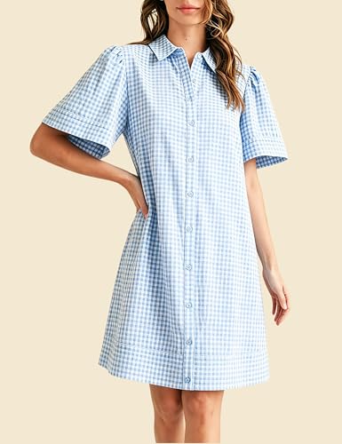 Image of Womens Short Sleeve Button Down Mini Shirt Dress Lapel Collar Short Dresses with Pocket