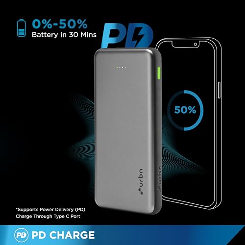 Image of URBN Power Bank 10,000mAh - Ultra Slim, 22.5W Two Way Fast Charging, Triple Output, Dual Type C PD, 12 Layers Circuit Protection, BIS Certified, 6 Months Warranty Free Type C Cable - Grey
